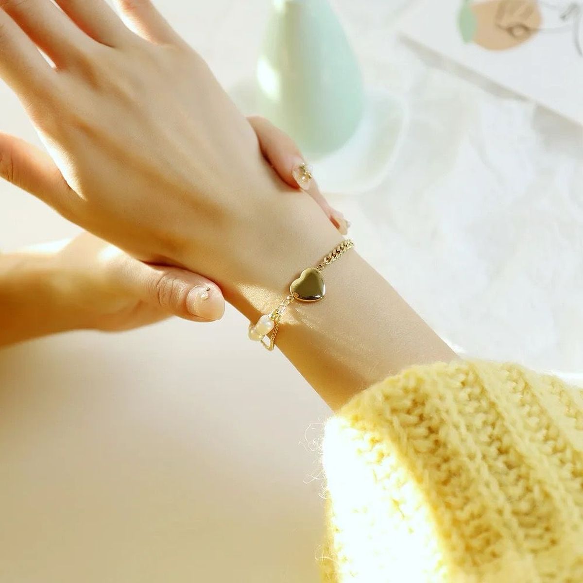 Heart Love Pearl Curb 18K Gold Stainless Steel Bracelet for Women