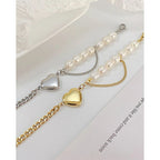 Heart Love Pearl Curb 18K Gold Stainless Steel Bracelet for Women