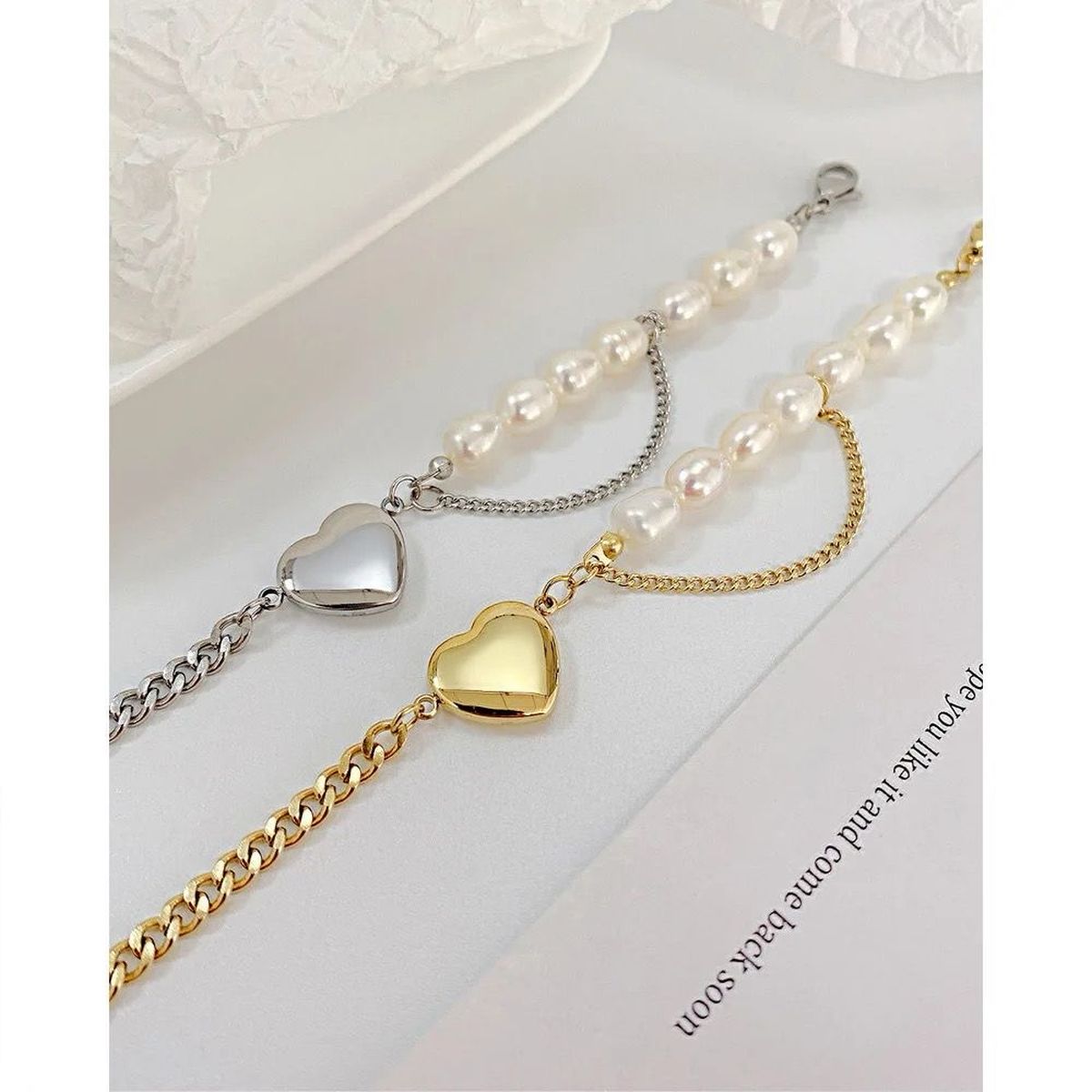 Heart Love Pearl Curb 18K Gold Stainless Steel Bracelet for Women