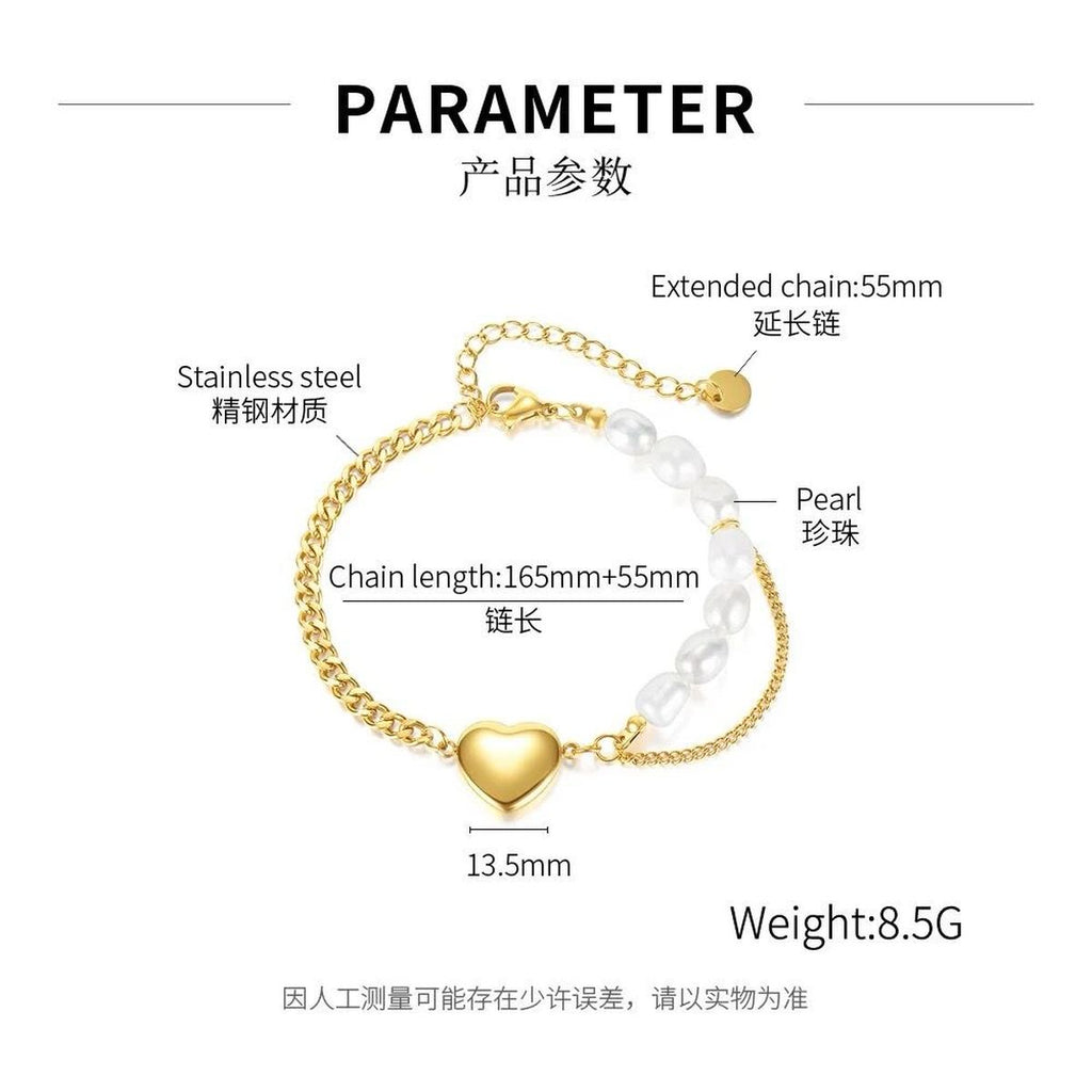 Heart Love Pearl Curb 18K Gold Stainless Steel Bracelet for Women