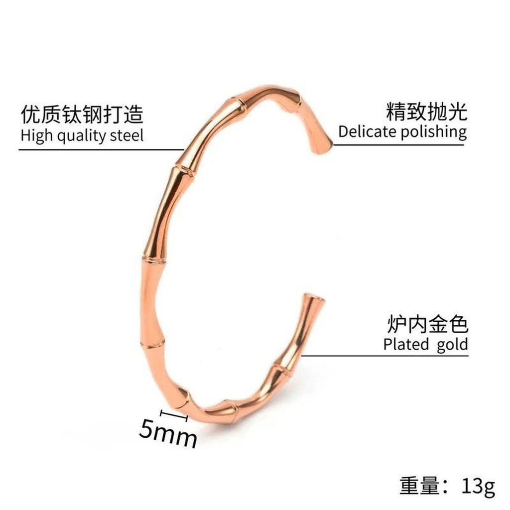 Bamboo Glossy 18K Rose Gold Anti Tarnish Stainless Steel Cuff Kada Bangle Bracelet for Women