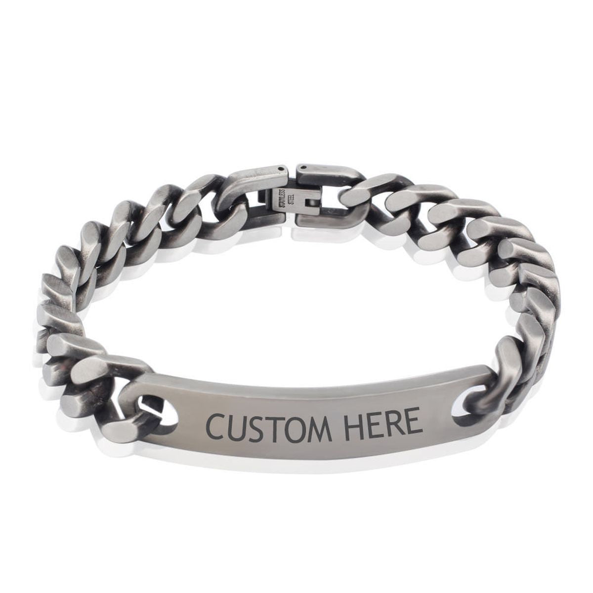Gun Metal Brush Finish 316L Stainless Steel Customized Personalised Laser Engraved Id Curb Chain Bracelet For Men Main image
