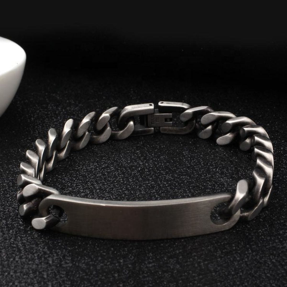 Gun Metal Brush Finish 316L Stainless Steel Customized Personalised Laser Engraved Id Curb Chain Bracelet For Men Secondary image
