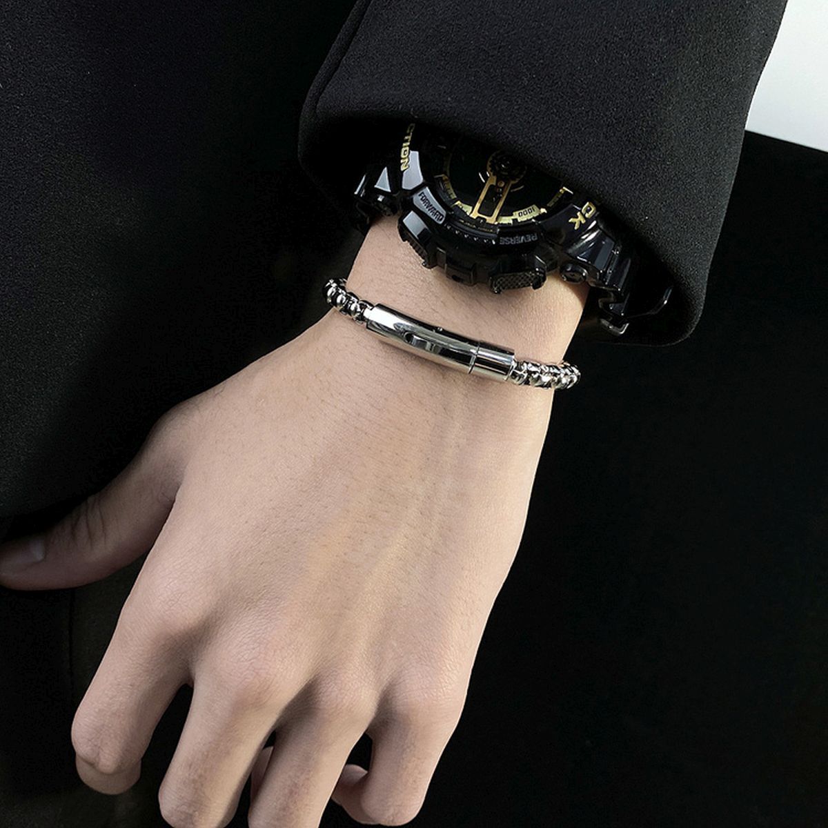 Popcorn Black 316L Stainless Steel Magnetic Clasp Bracelet Men Bulk