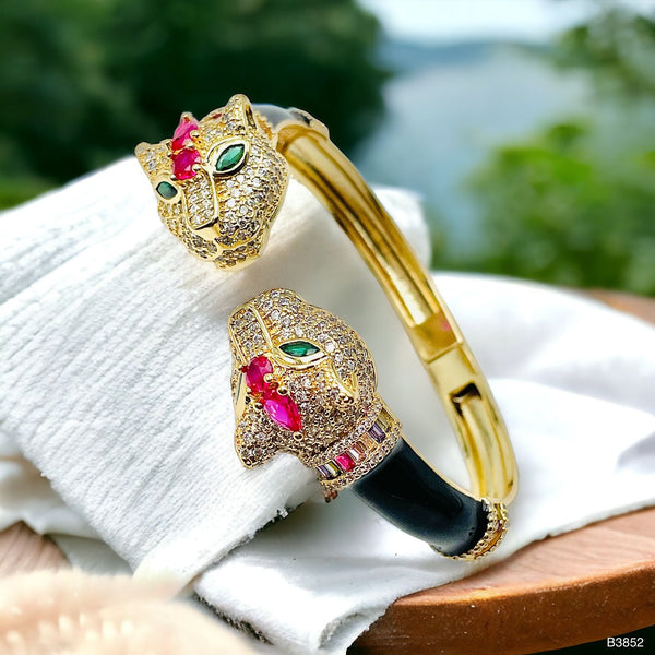 Red Crown Dual Panther Black Enamel CZ 18K Gold Openable Kada Bulk Main image