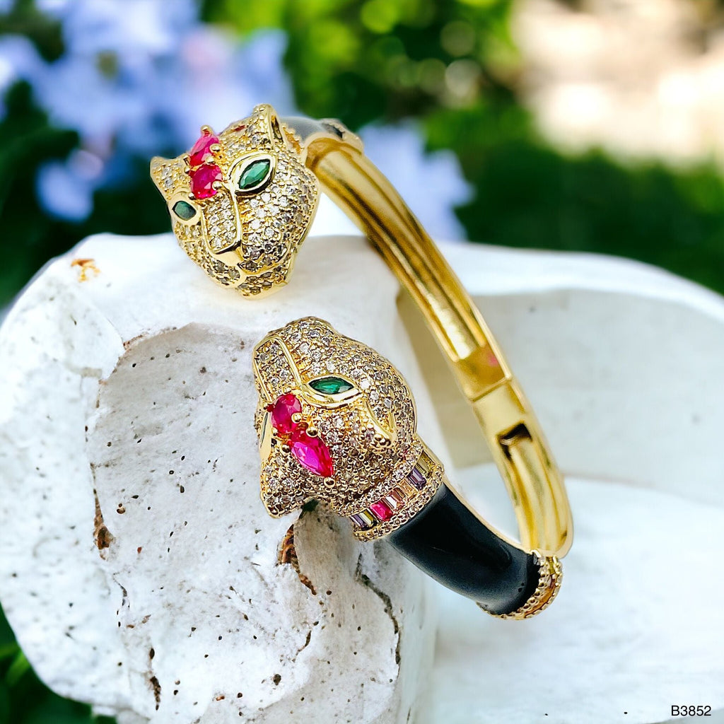 Red Crown Dual Panther Black Enamel CZ 18K Gold Openable Kada Bulk