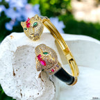 Red Crown Dual Panther Black Enamel CZ 18K Gold Openable Kada Bulk