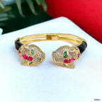 Red Crown Dual Panther Black Enamel CZ 18K Gold Openable Kada Bulk