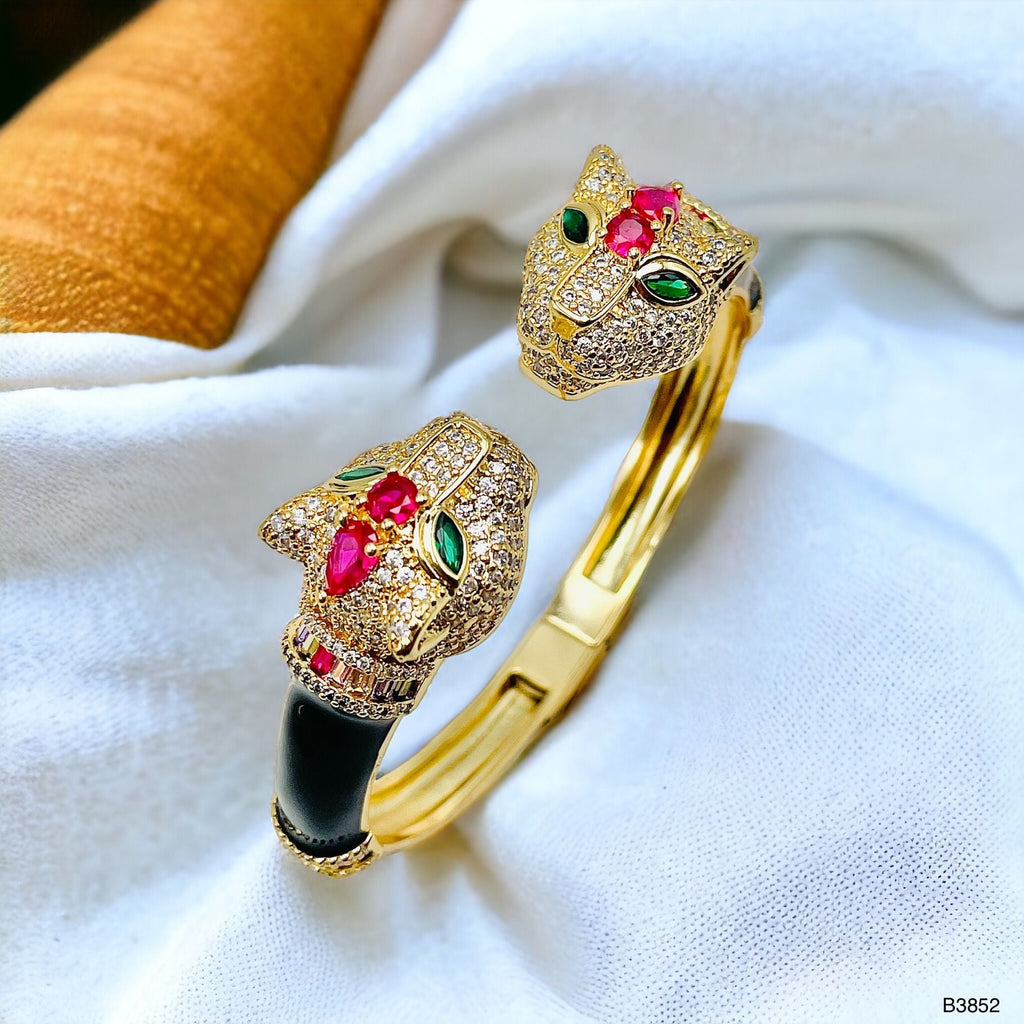 Red Crown Dual Panther Black Enamel CZ 18K Gold Openable Kada Bulk