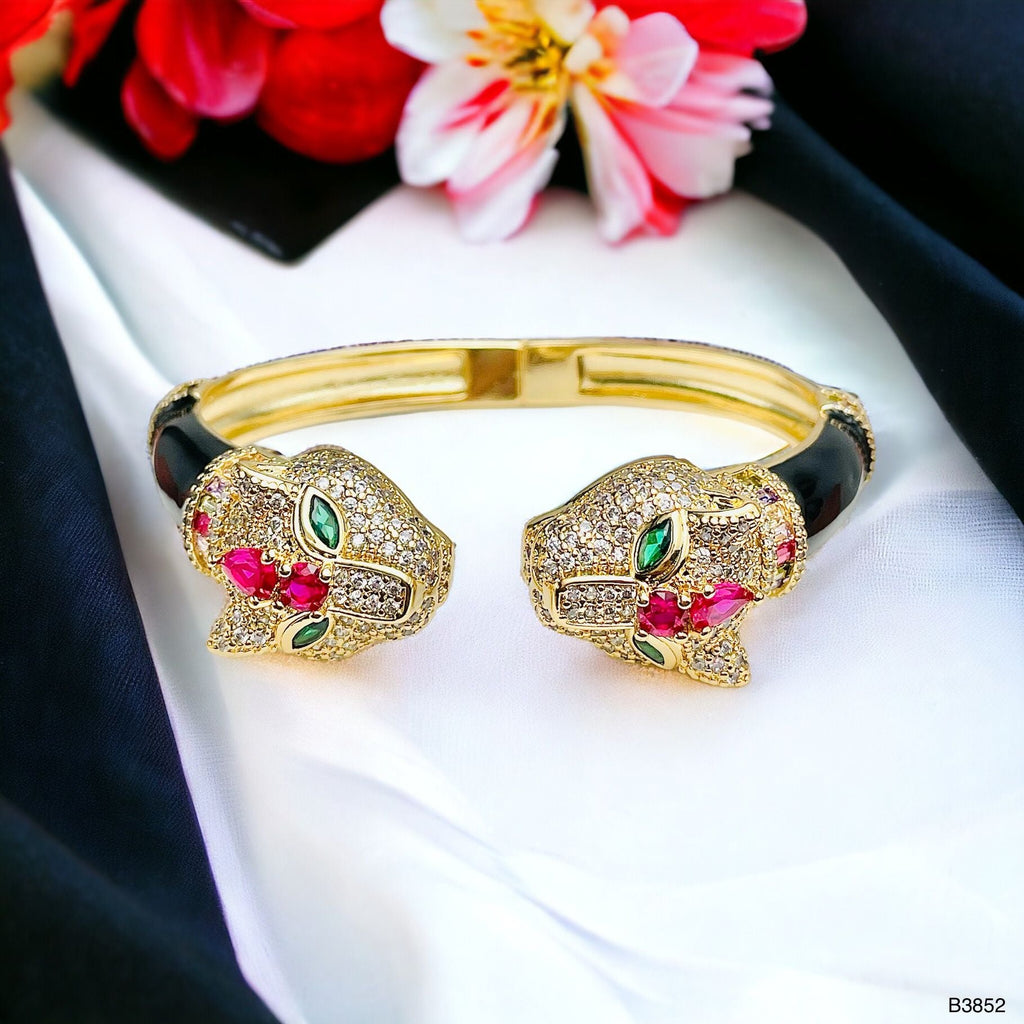Red Crown Dual Panther Black Enamel CZ 18K Gold Openable Kada Bulk