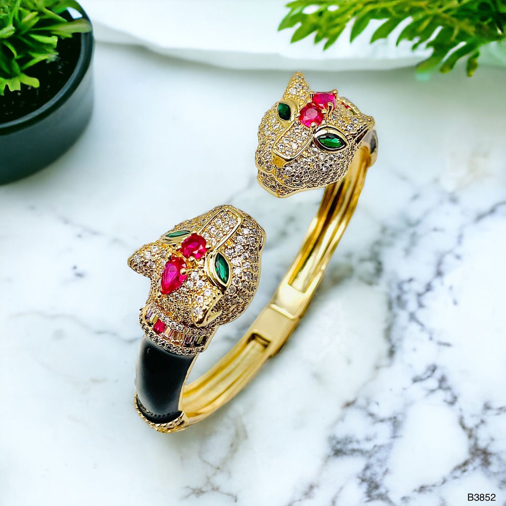 Red Crown Dual Panther Black Enamel CZ 18K Gold Openable Kada Bulk