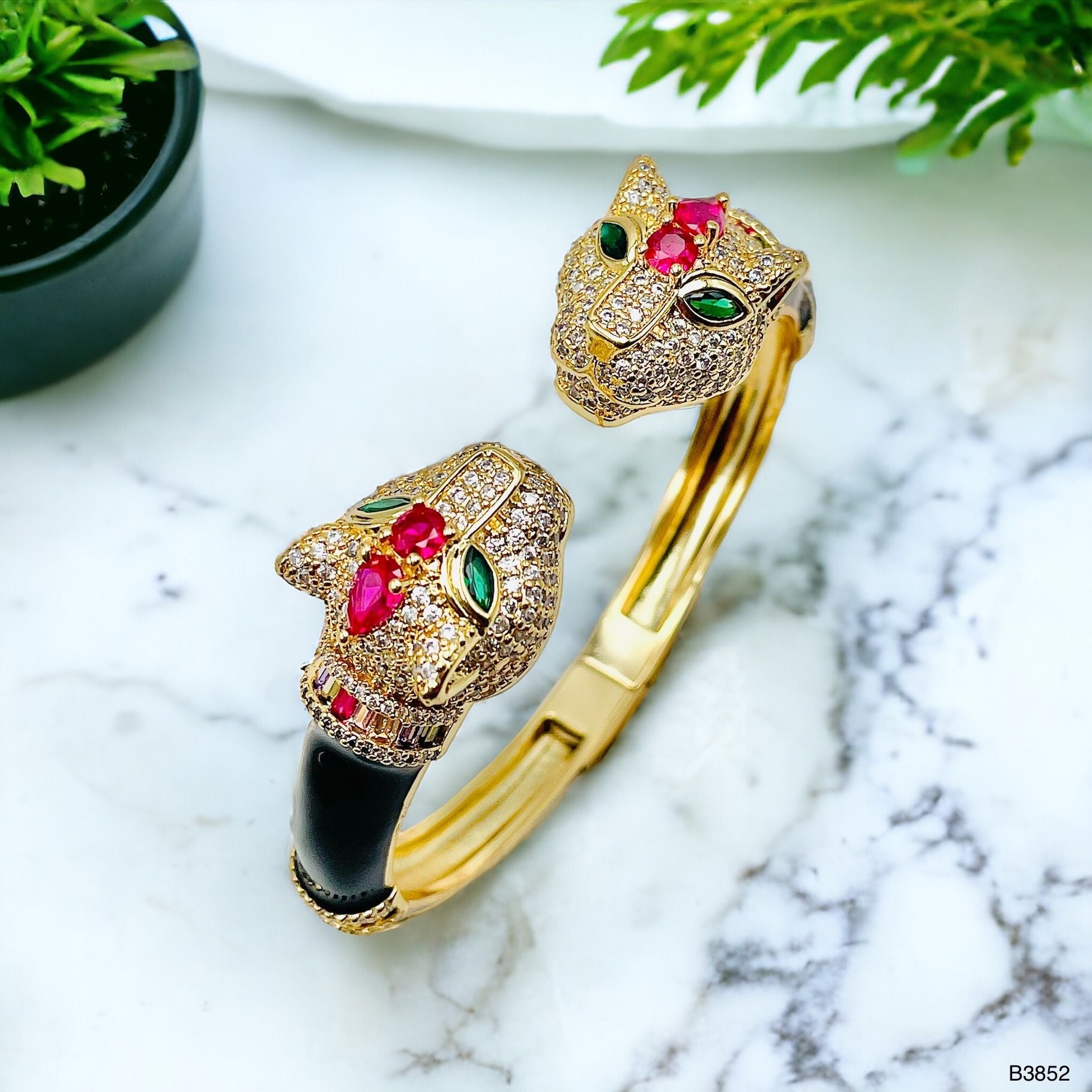 Red Crown Dual Panther Black Enamel CZ 18K Gold Openable Kada Bulk