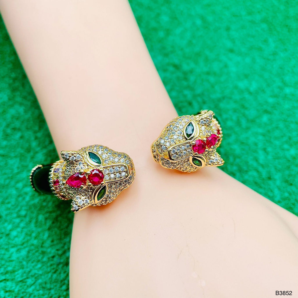 Red Crown Dual Panther Black Enamel CZ 18K Gold Openable Kada Bulk