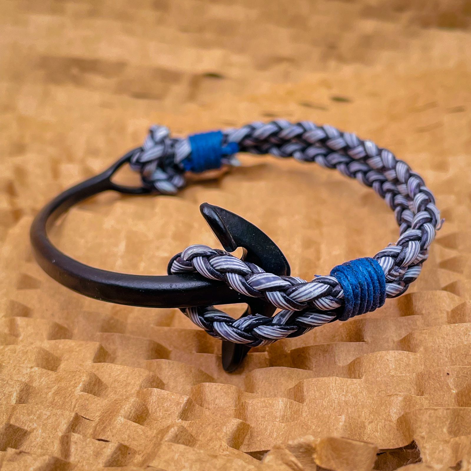 Black Anchor Strand Half Vegan Pu Leather Kada Bracelet Men Women Bulk Main image