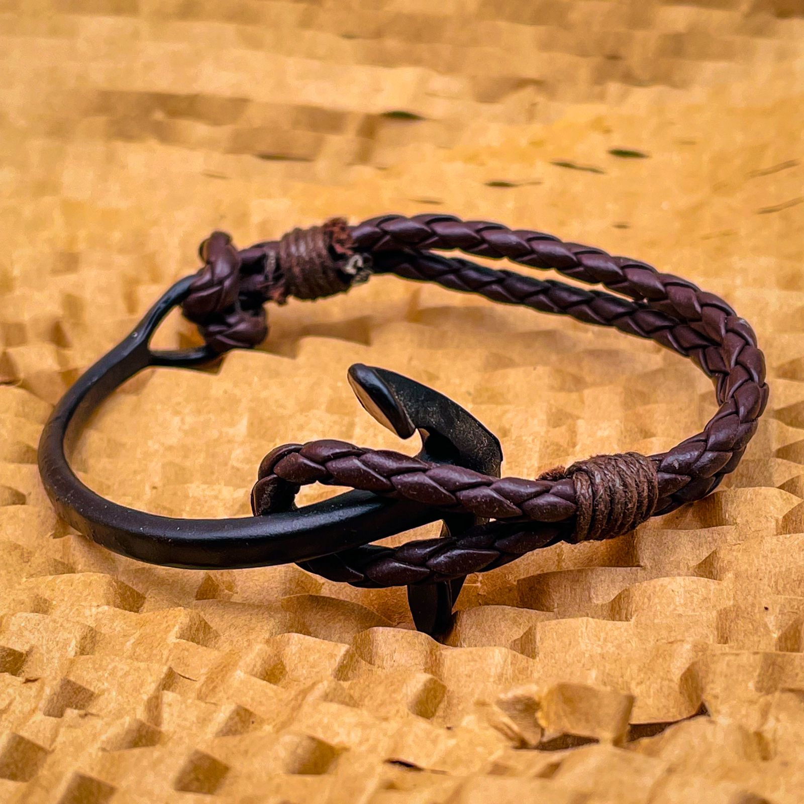 Black Anchor Strand Half Vegan Pu Leather Kada Bracelet Men Women Bulk