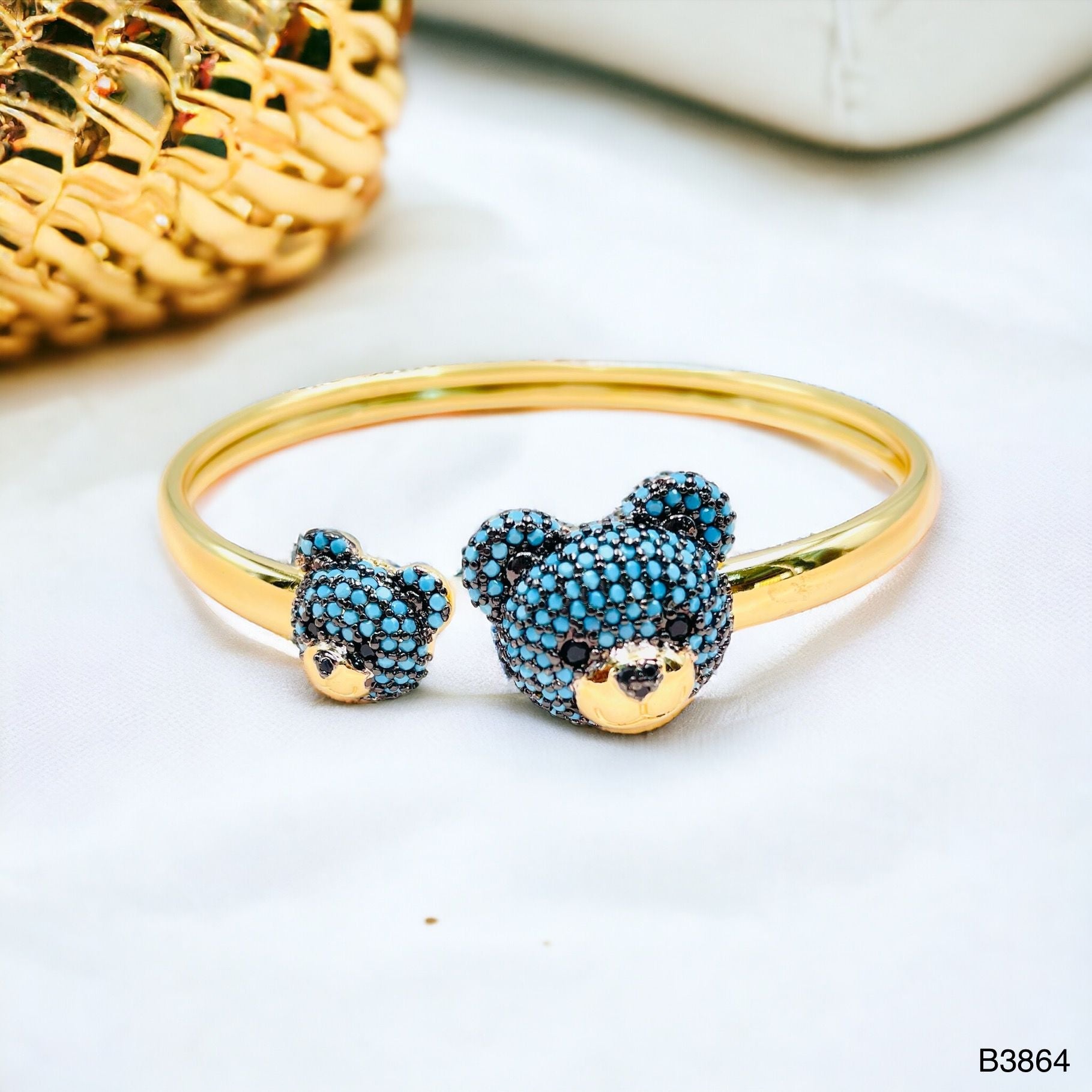 Turquoise Blue Twin Teddy Bear CZ Copper 18K Gold Kada Cuff Bulk Main image