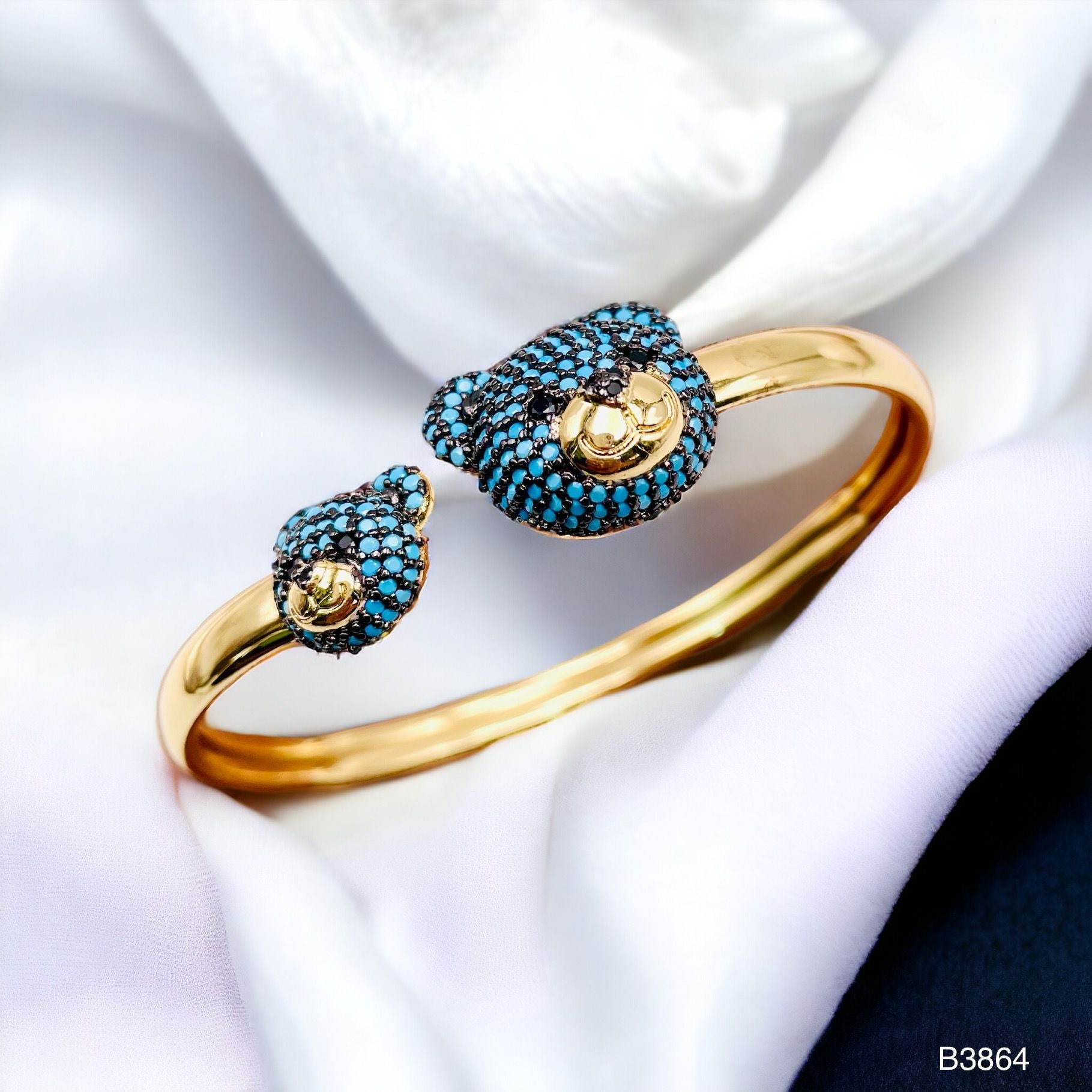Turquoise Blue Twin Teddy Bear CZ Copper 18K Gold Kada Cuff Bulk Secondary image