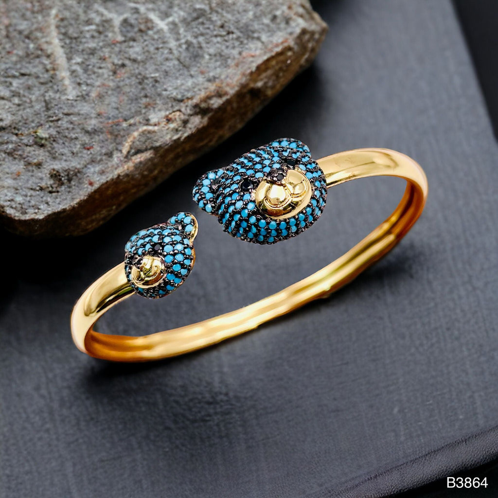 Turquoise Blue Twin Teddy Bear CZ Copper 18K Gold Kada Cuff Bulk