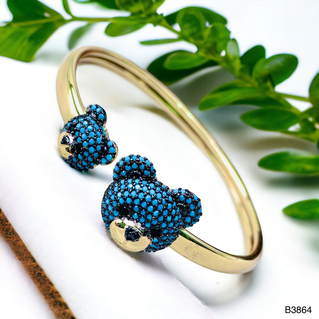 Turquoise Blue Twin Teddy Bear CZ Copper 18K Gold Kada Cuff Bulk