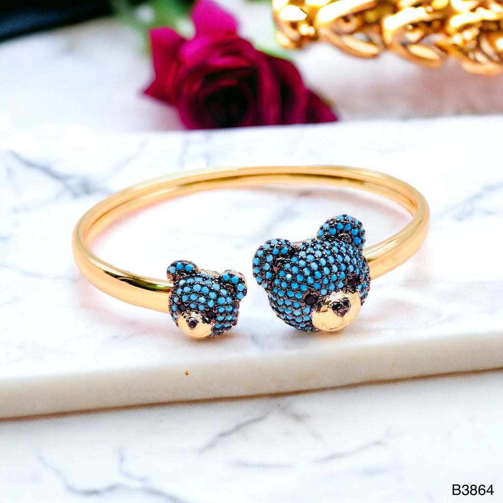 Turquoise Blue Twin Teddy Bear CZ Copper 18K Gold Kada Cuff Bulk