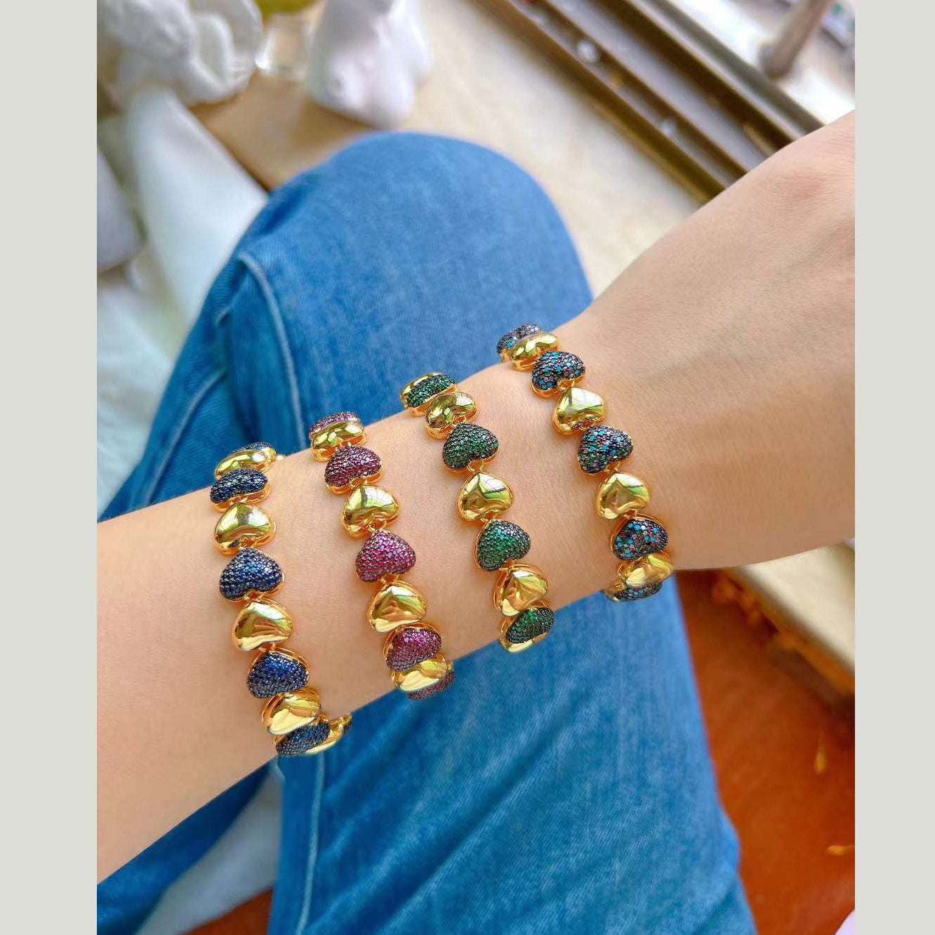 Heart Love Turquoise Blue Pink Glossy Gold Anti Tarnish Bracelet Bulk