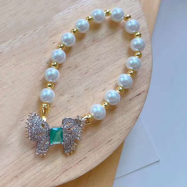 Green Emerald Butterfly Cubic Zirconia 18K Gold Pearl Bracelet Bulk Main image