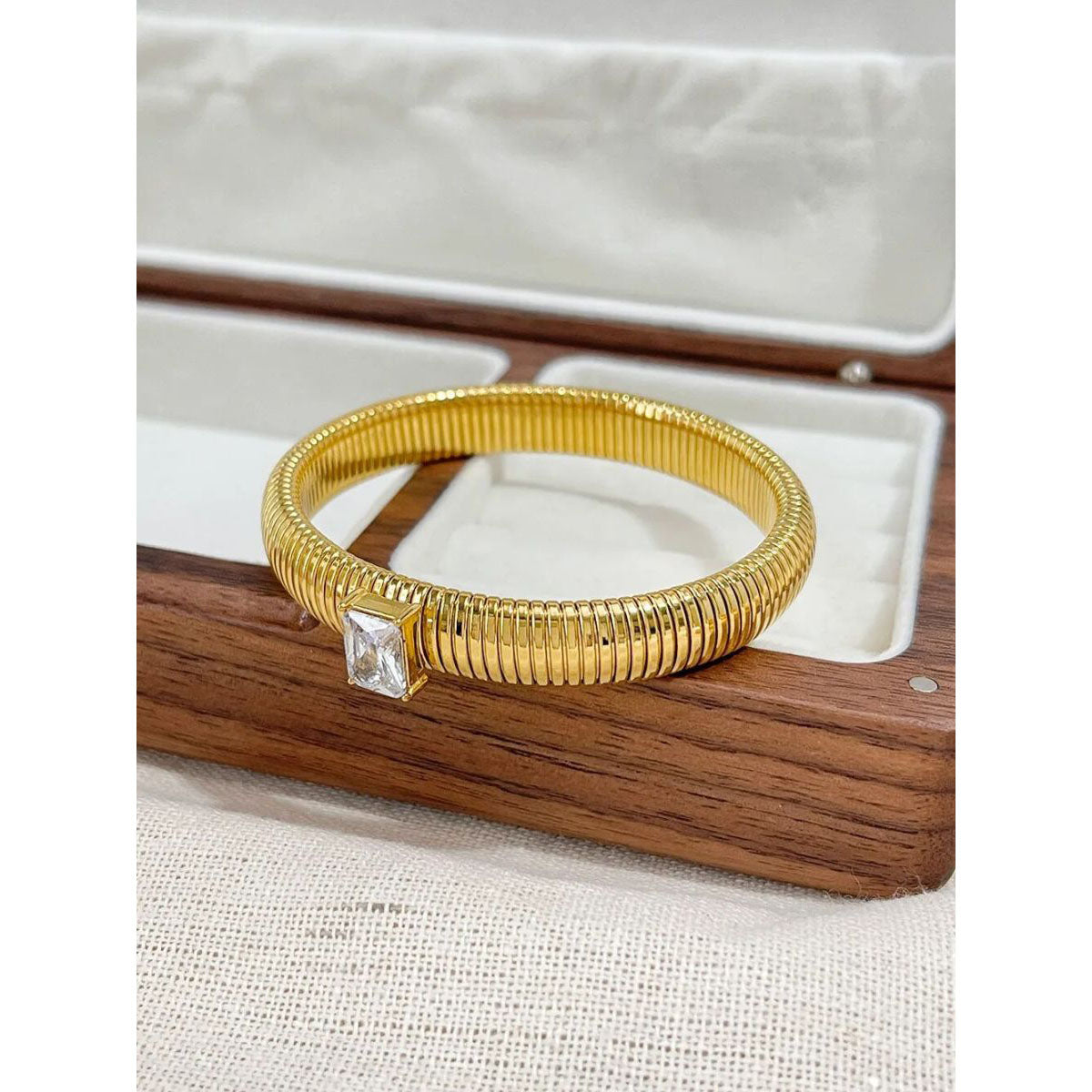 White Cubic Zirconia Stretchable Snake Elastic 18K Gold Anti Tarnish Stainless Steel Bangle Bracelet for Women Main image