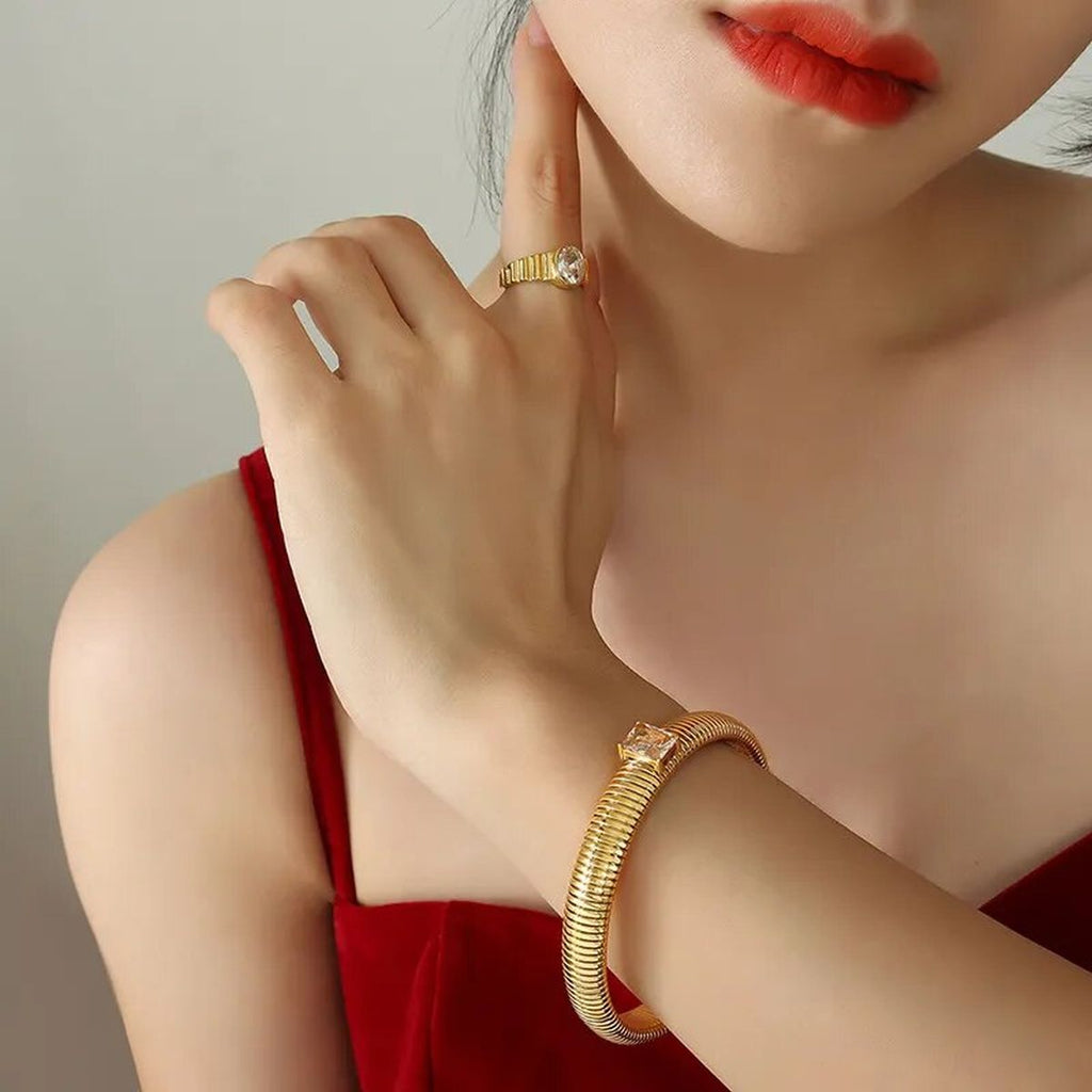 White Cubic Zirconia Stretchable Snake Elastic 18K Gold Anti Tarnish Stainless Steel Bangle Bracelet for Women