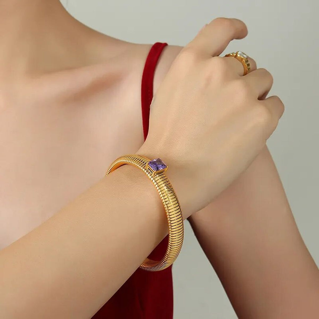 White Cubic Zirconia Stretchable Snake Elastic 18K Gold Anti Tarnish Stainless Steel Bangle Bracelet for Women