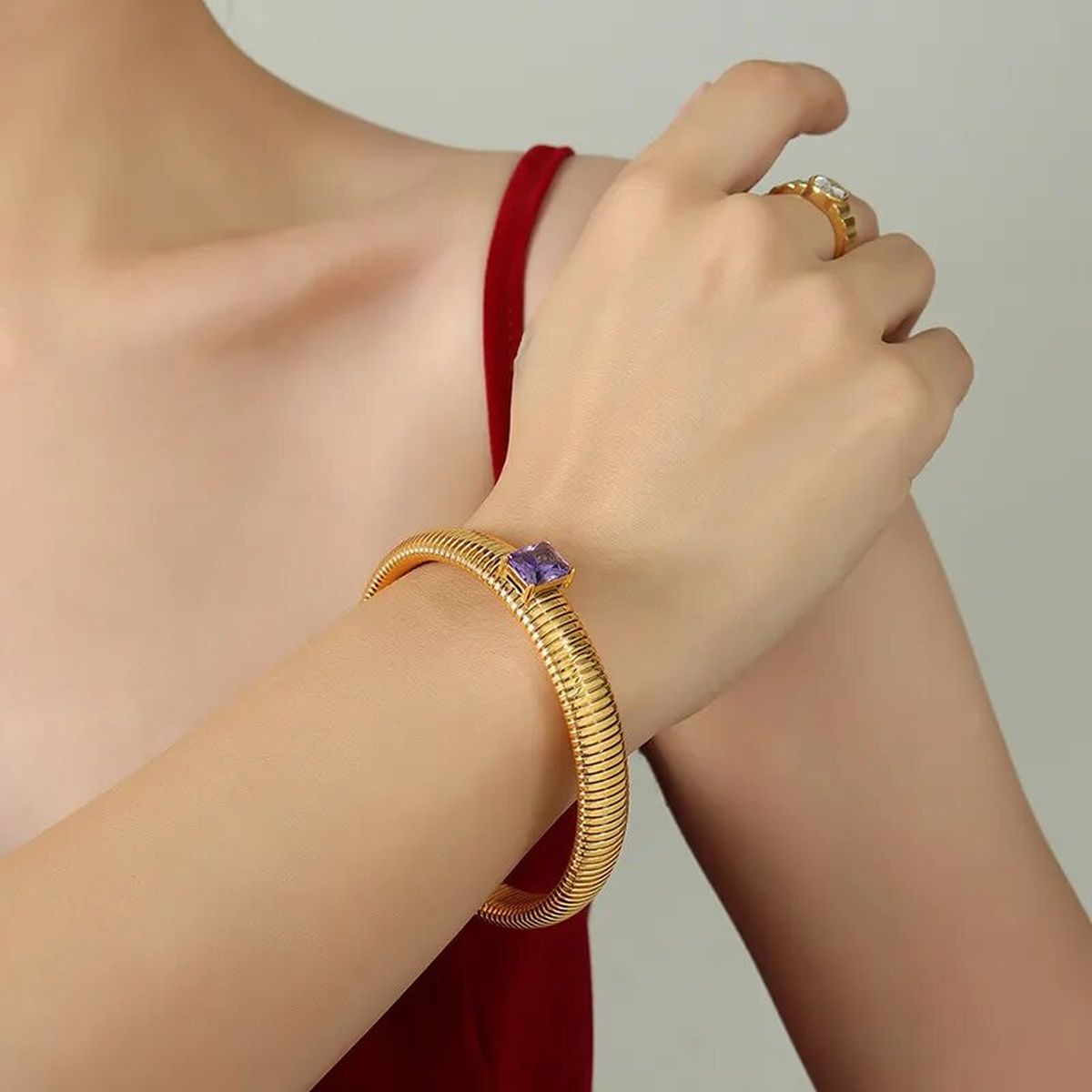 White Cubic Zirconia Stretchable Snake Elastic 18K Gold Anti Tarnish Stainless Steel Bangle Bracelet for Women