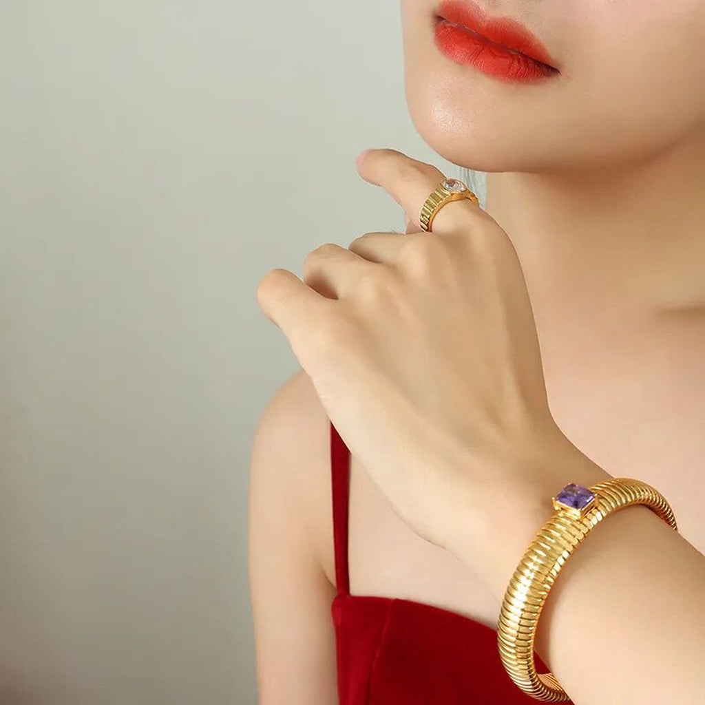 White Cubic Zirconia Stretchable Snake Elastic 18K Gold Anti Tarnish Stainless Steel Bangle Bracelet for Women