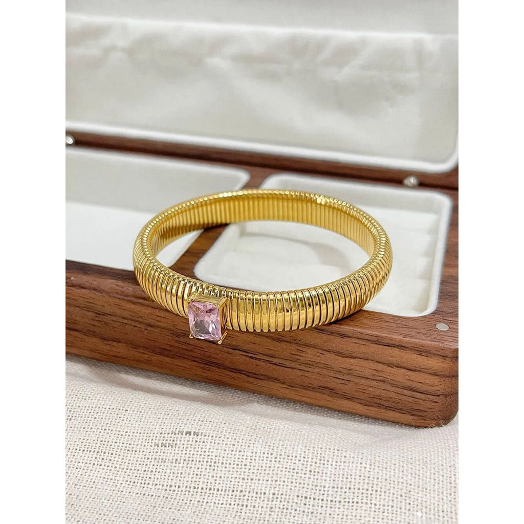 White Cubic Zirconia Stretchable Snake Elastic 18K Gold Anti Tarnish Stainless Steel Bangle Bracelet for Women