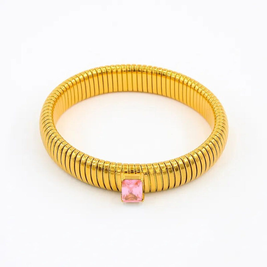 White Cubic Zirconia Stretchable Snake Elastic 18K Gold Anti Tarnish Stainless Steel Bangle Bracelet for Women