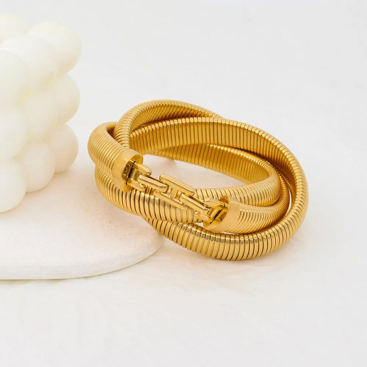 Triple Layer Chain Stretchable Snake Elastic 18K Gold Anti Tarnish Stainless Steel Bangle Bracelet for Women