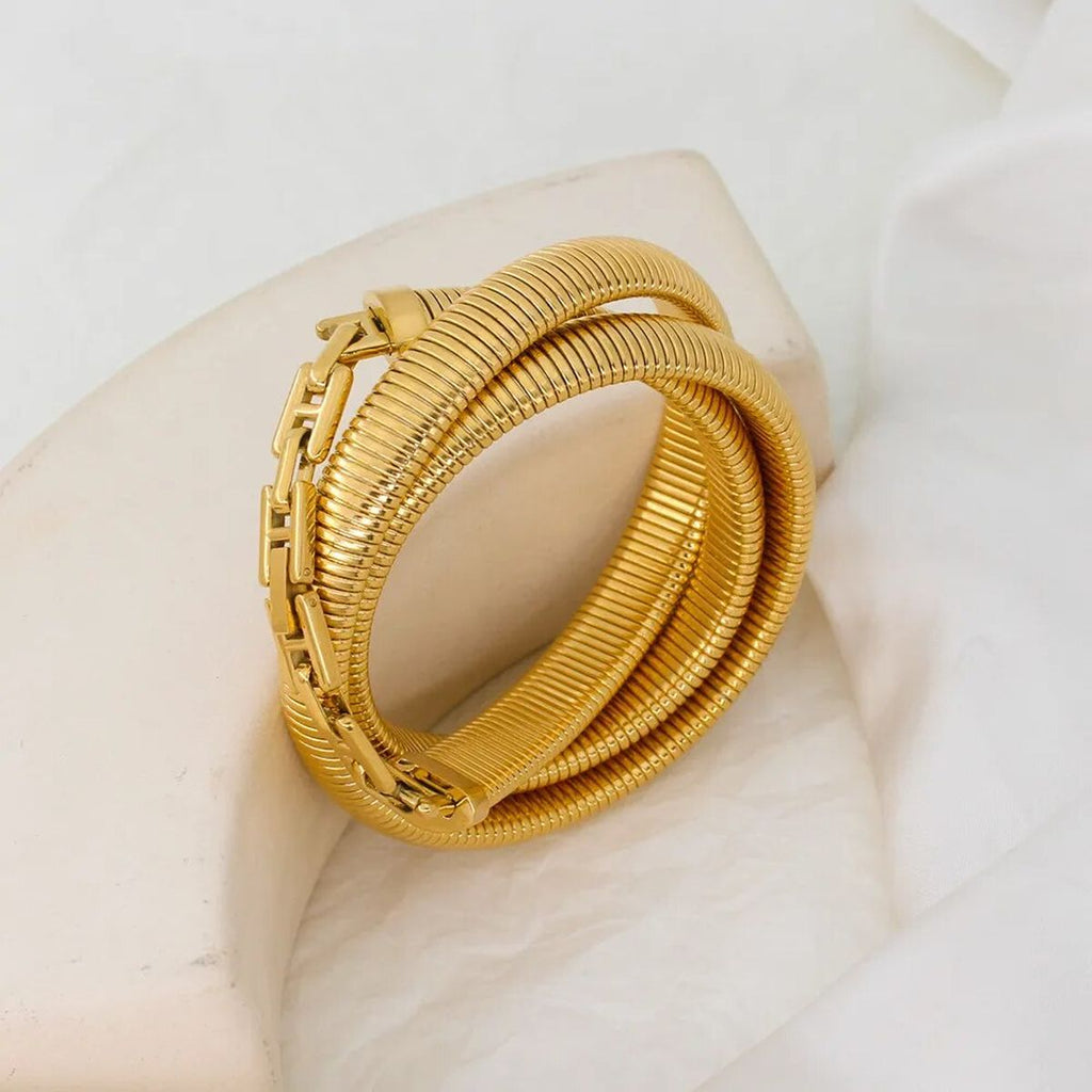 Triple Layer Chain Stretchable Snake Elastic 18K Gold Anti Tarnish Stainless Steel Bangle Bracelet for Women