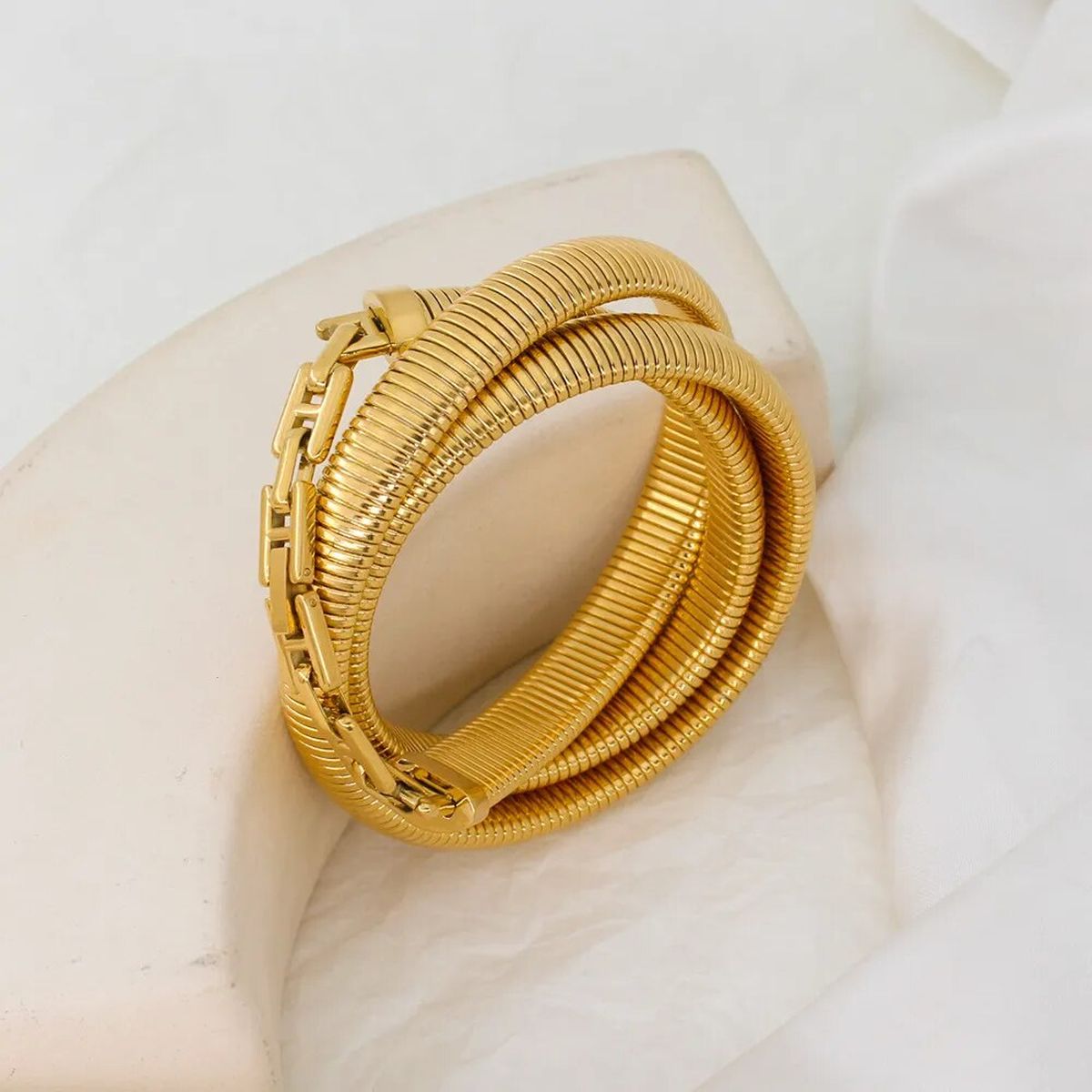 Triple Layer Chain Stretchable Snake Elastic 18K Gold Anti Tarnish Stainless Steel Bangle Bracelet for Women