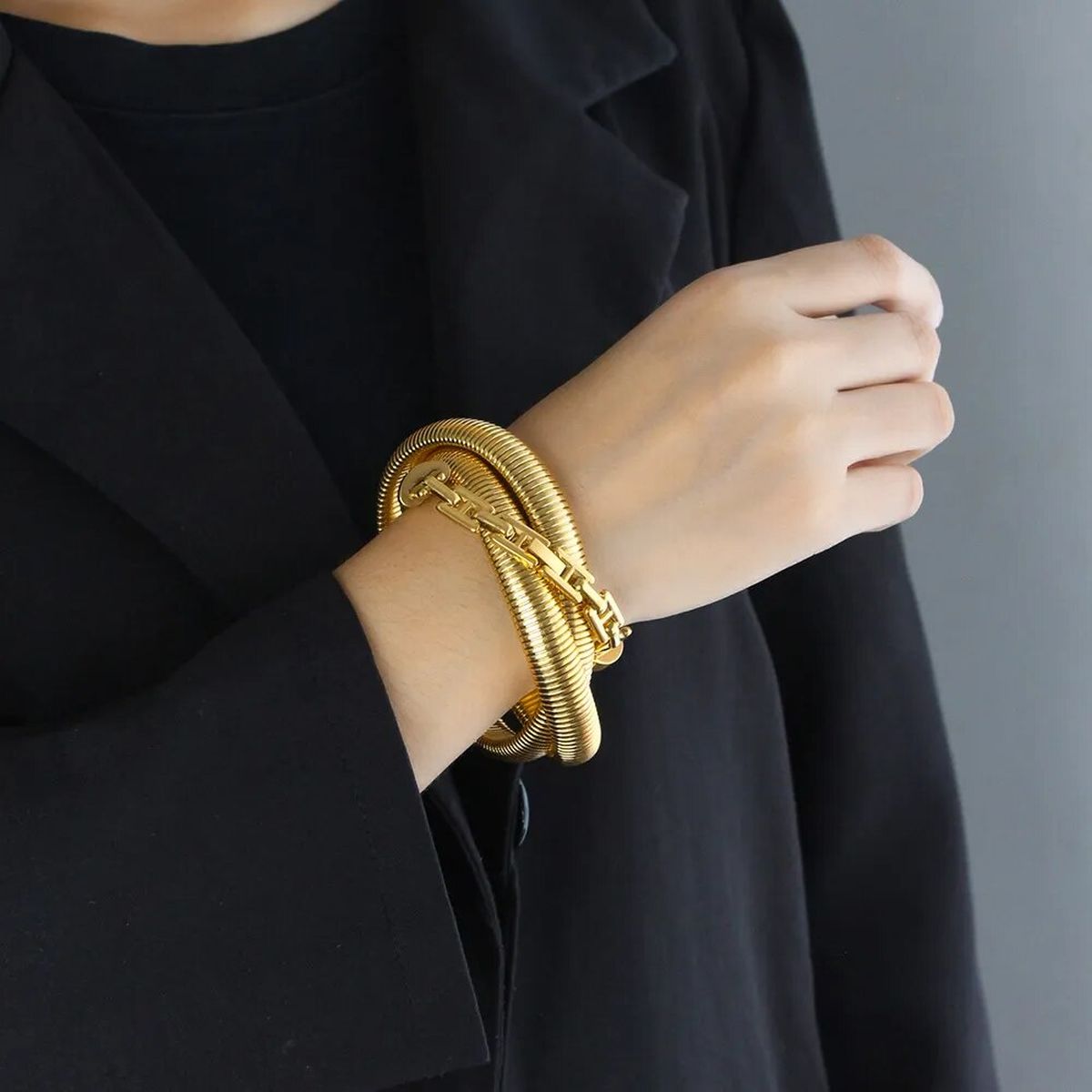Triple Layer Chain Stretchable Snake Elastic 18K Gold Anti Tarnish Stainless Steel Bangle Bracelet for Women