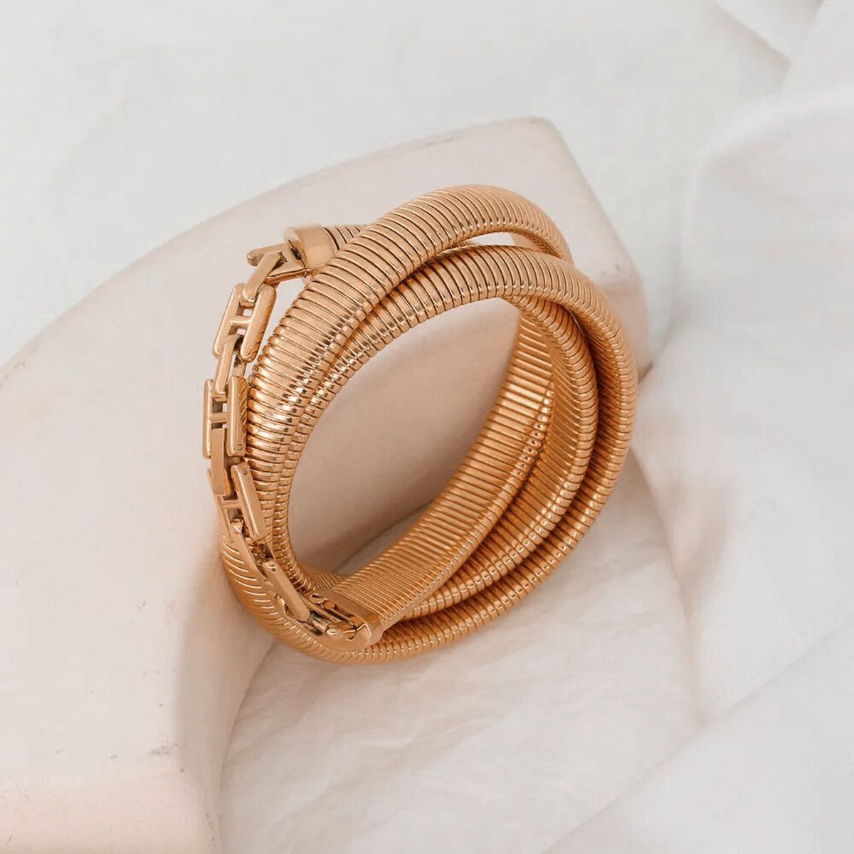 Triple Layer Chain Stretchable Snake Elastic 18K Gold Anti Tarnish Stainless Steel Bangle Bracelet for Women