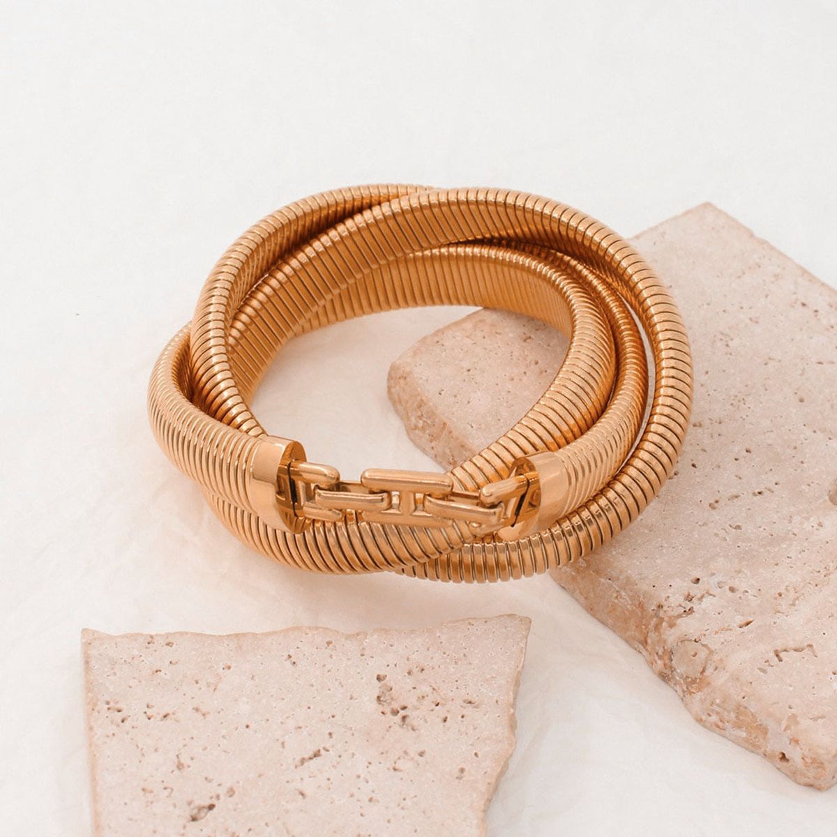Triple Layer Chain Stretchable Snake Elastic 18K Gold Anti Tarnish Stainless Steel Bangle Bracelet for Women