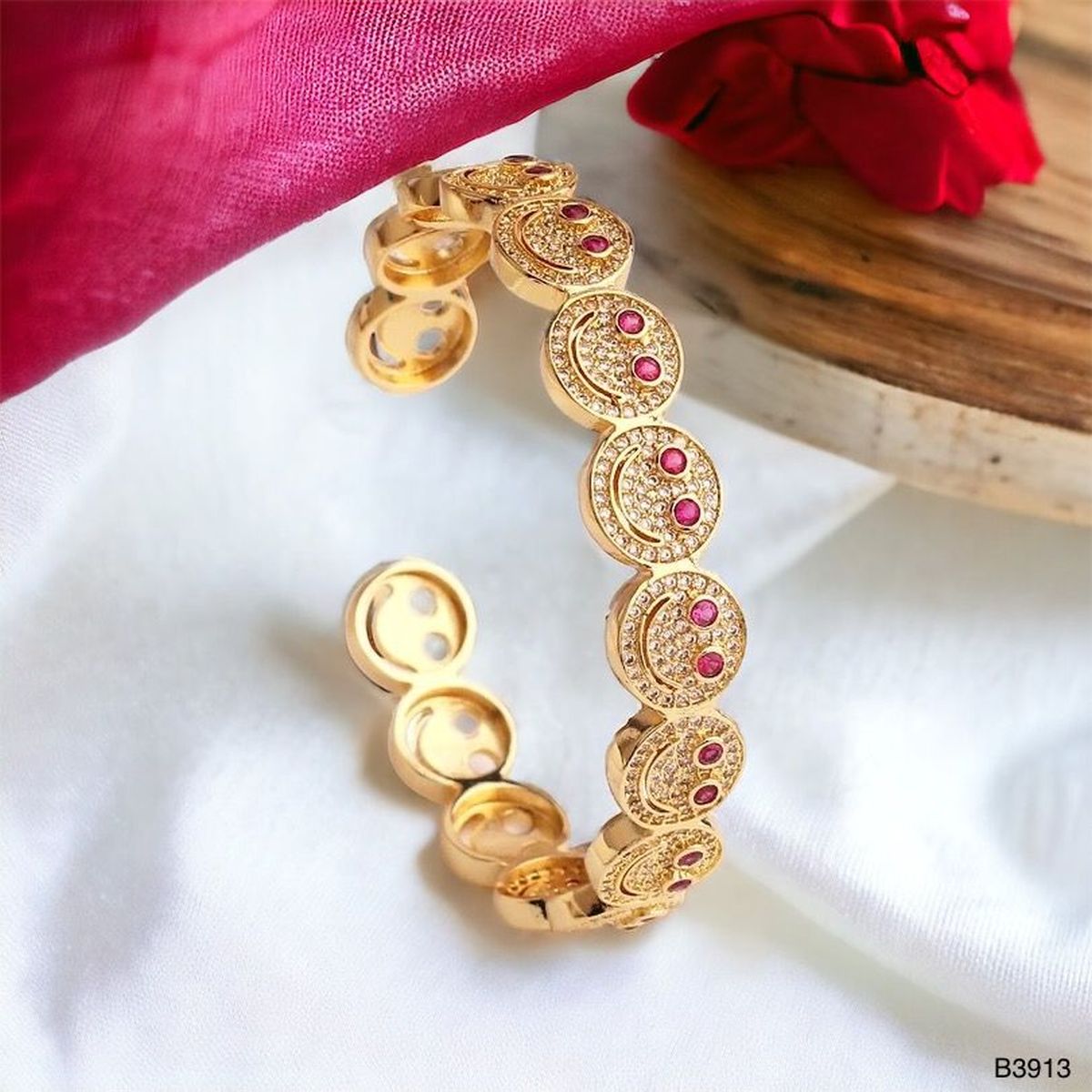 Happy Smiley Ruby Red Cubic Zirconia 18K Gold Cuff Kada Bracelet Bulk Main image