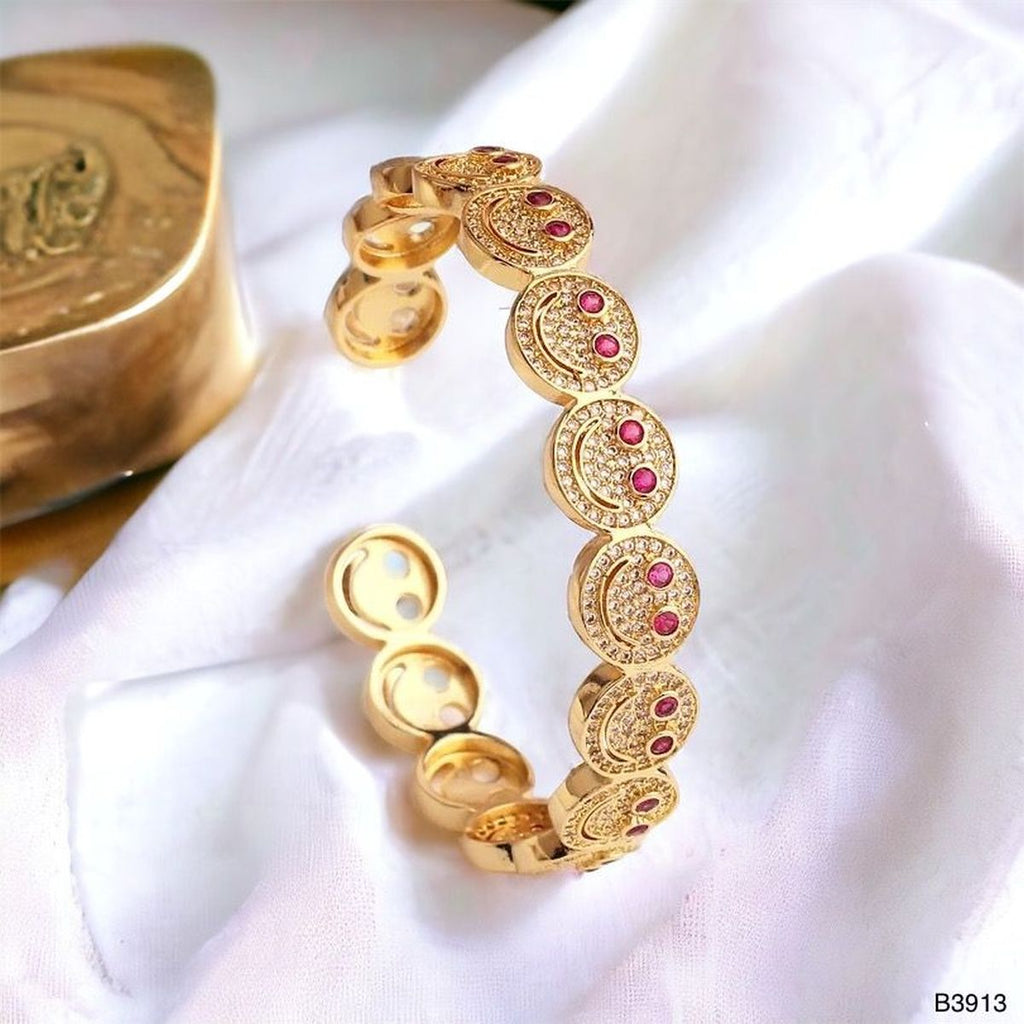 Happy Smiley Ruby Red Cubic Zirconia 18K Gold Cuff Kada Bracelet Bulk