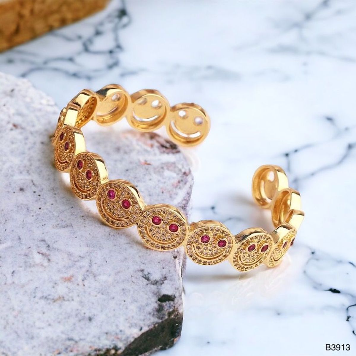 Happy Smiley Ruby Red Cubic Zirconia 18K Gold Cuff Kada Bracelet Bulk