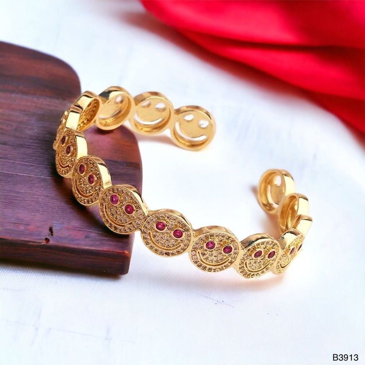 Happy Smiley Ruby Red Cubic Zirconia 18K Gold Cuff Kada Bracelet Bulk
