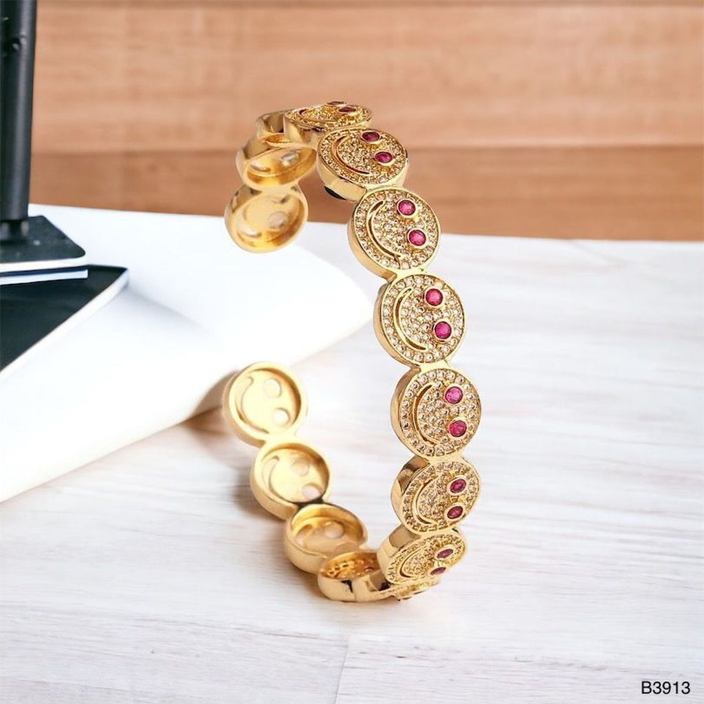 Happy Smiley Ruby Red Cubic Zirconia 18K Gold Cuff Kada Bracelet Bulk