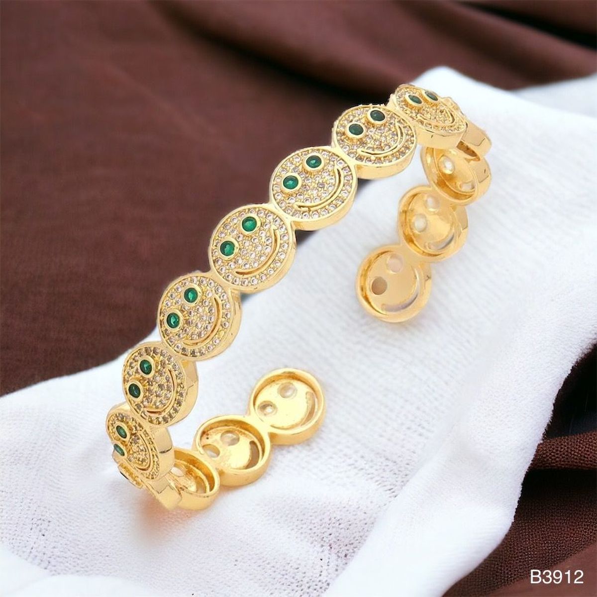 Happy Smiley Ruby Red Cubic Zirconia 18K Gold Cuff Kada Bracelet Bulk