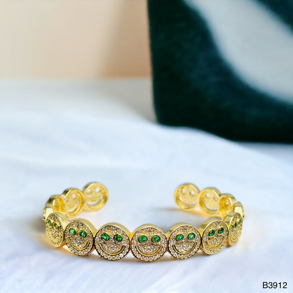 Happy Smiley Ruby Red Cubic Zirconia 18K Gold Cuff Kada Bracelet Bulk