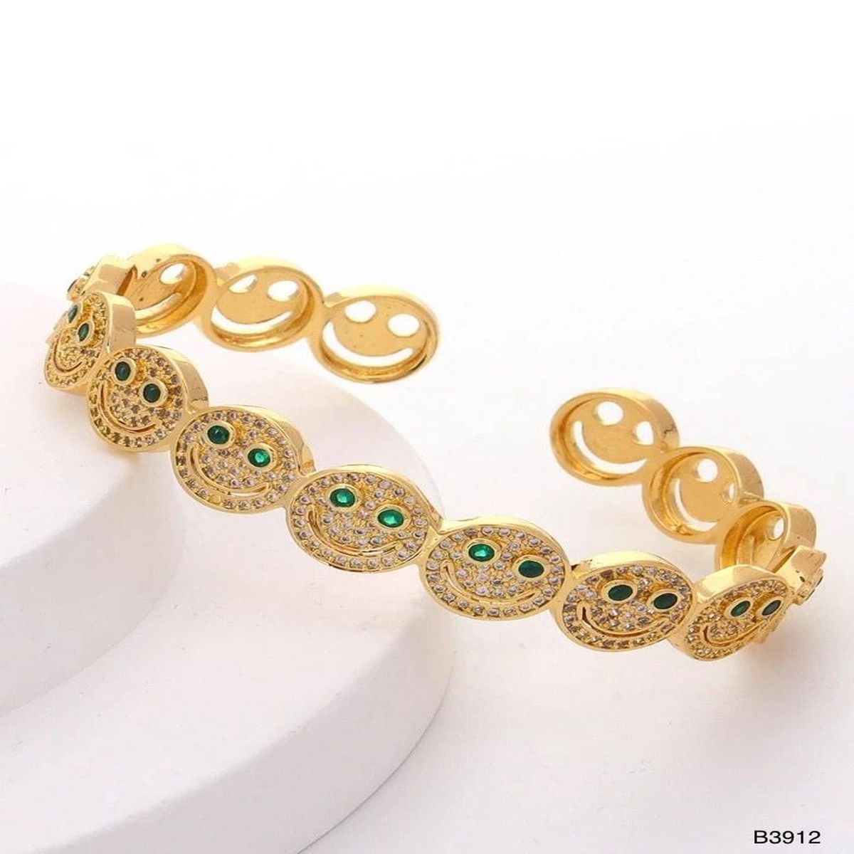 Happy Smiley Ruby Red Cubic Zirconia 18K Gold Cuff Kada Bracelet Bulk