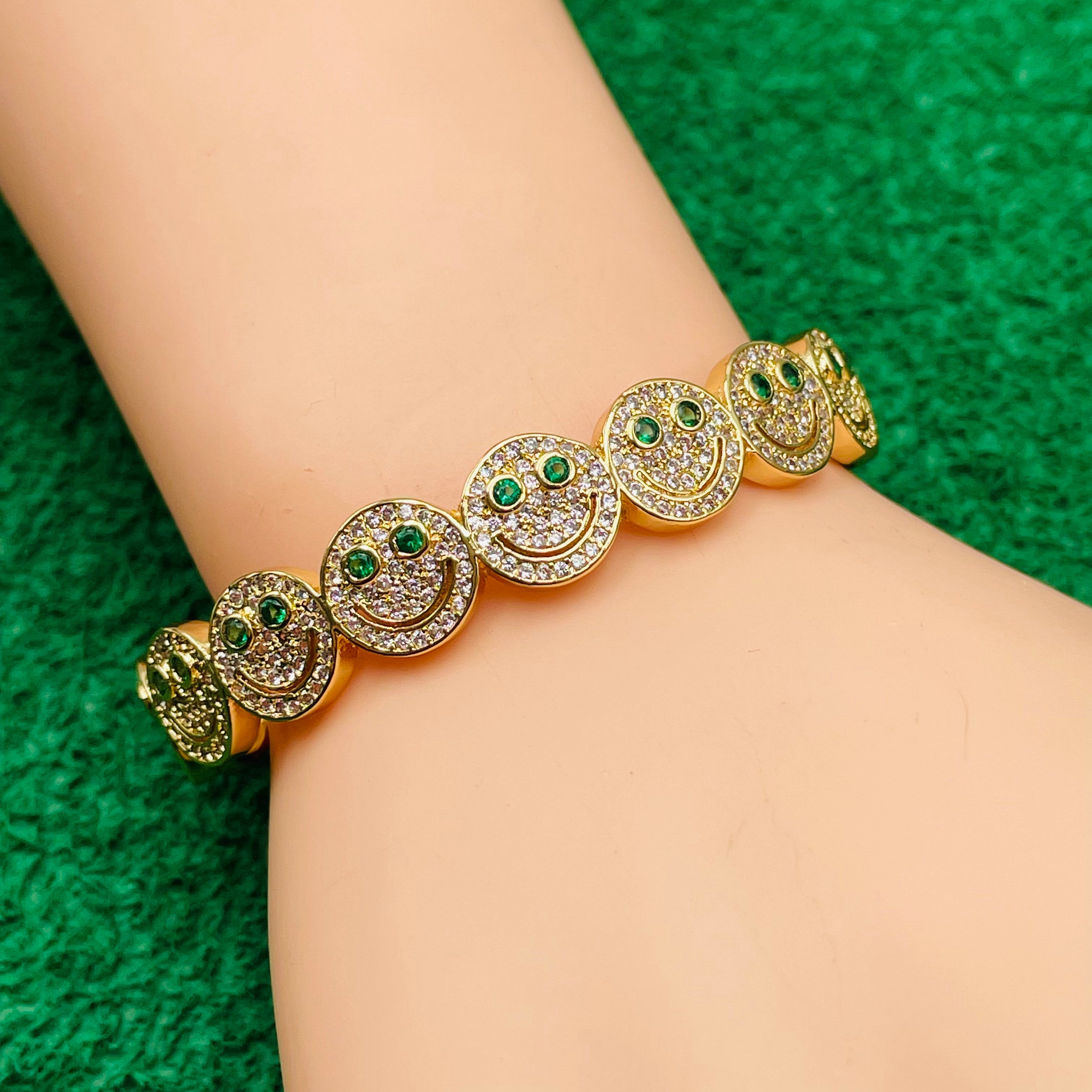 Happy Smiley Ruby Red Cubic Zirconia 18K Gold Cuff Kada Bracelet Bulk