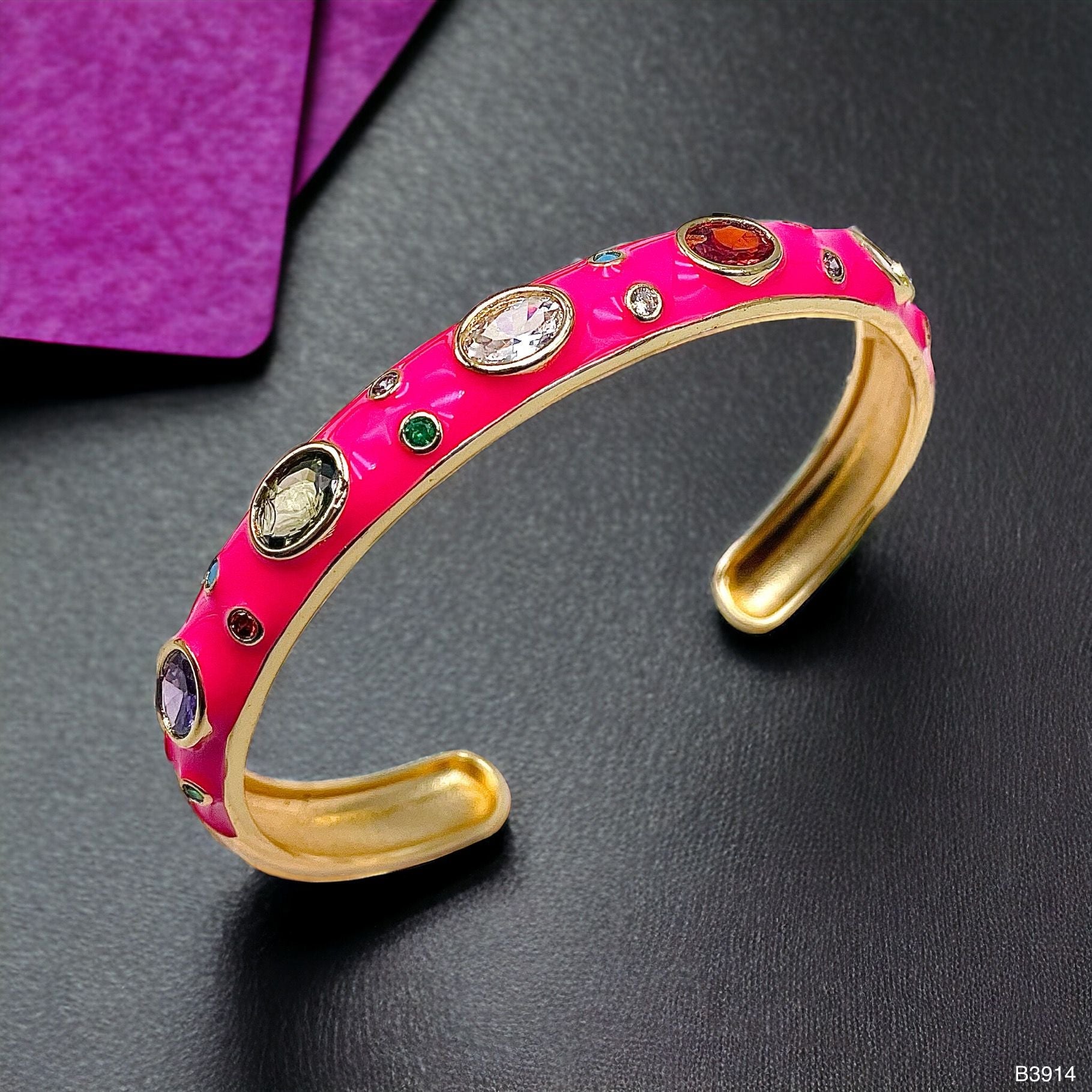 Hot Pink Enamel Gemstones 18K Gold Anti Tarnish Cuff Kada Bulk Main image