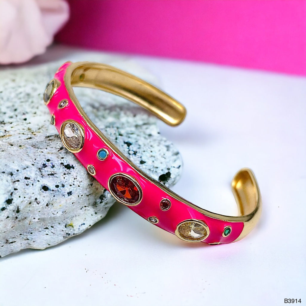 Hot Pink Enamel Gemstones 18K Gold Anti Tarnish Cuff Kada Bulk